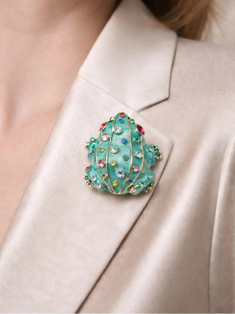 Cute Frog Turquoise Multicolor Crystal Brooch